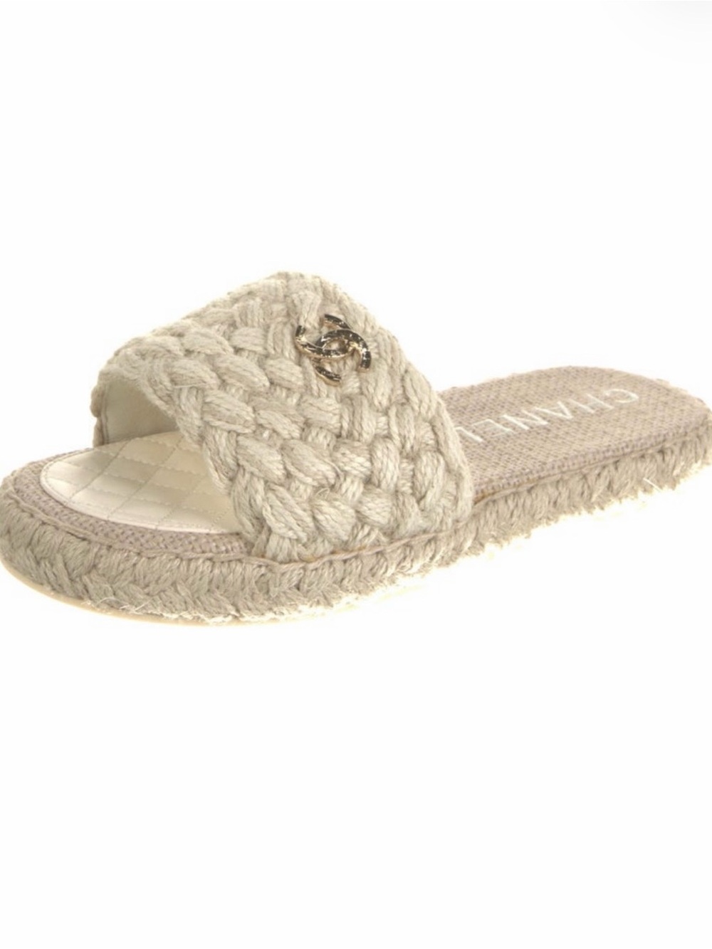 CHANEL Cream Braided Slide with Gold CC Charm